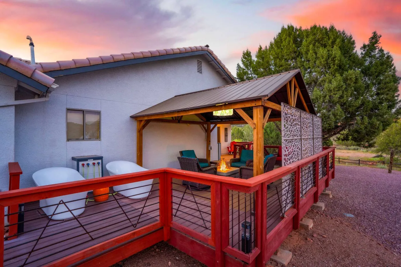 The home's deck under a Sedona sunset